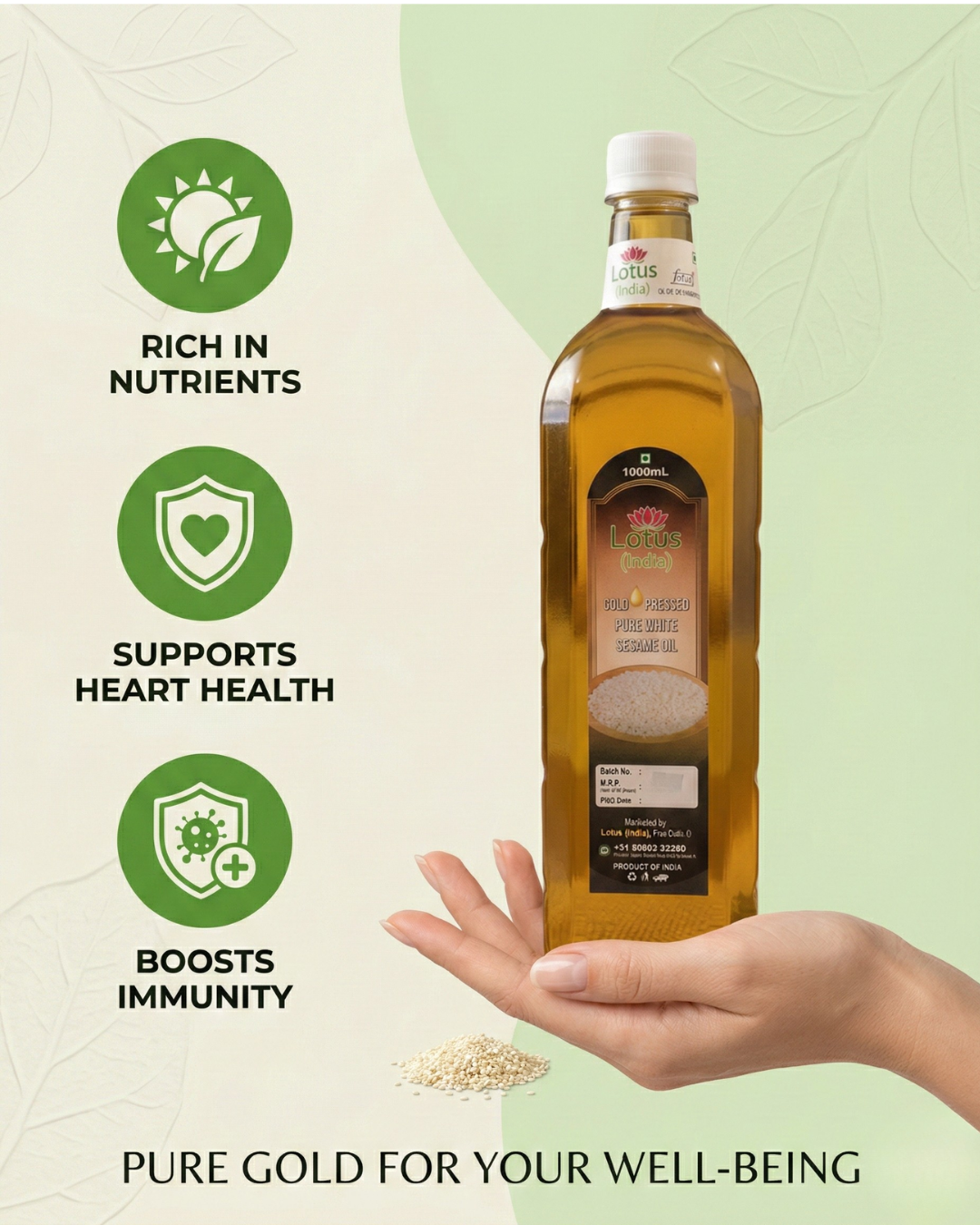Lotus (India) 100% Pure Cold Pressed White Sesame Oil | Unrefined & Chemical Free | Wood Pressed Til Oil | Rich Aroma | Ideal for Cooking & Wellness | 1000ml