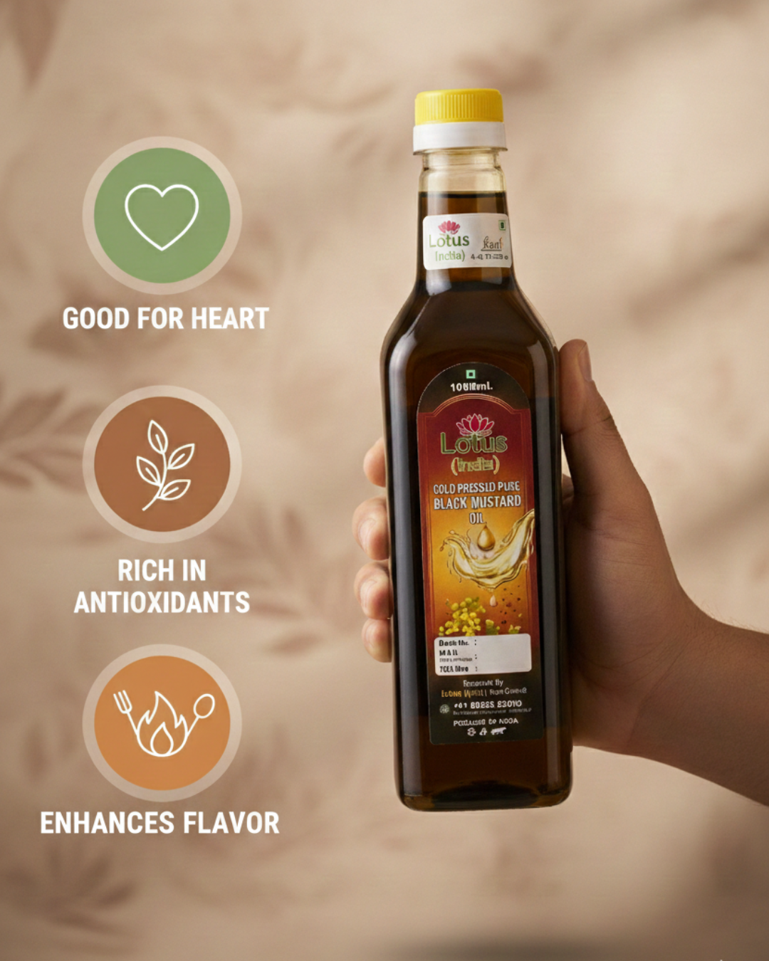 Lotus (India) 100% Pure Cold Pressed Black Mustard Oil | Kachi Ghani | Unrefined & Chemical Free | Strong Aroma | Ideal for Cooking & Pickles | 1000ml