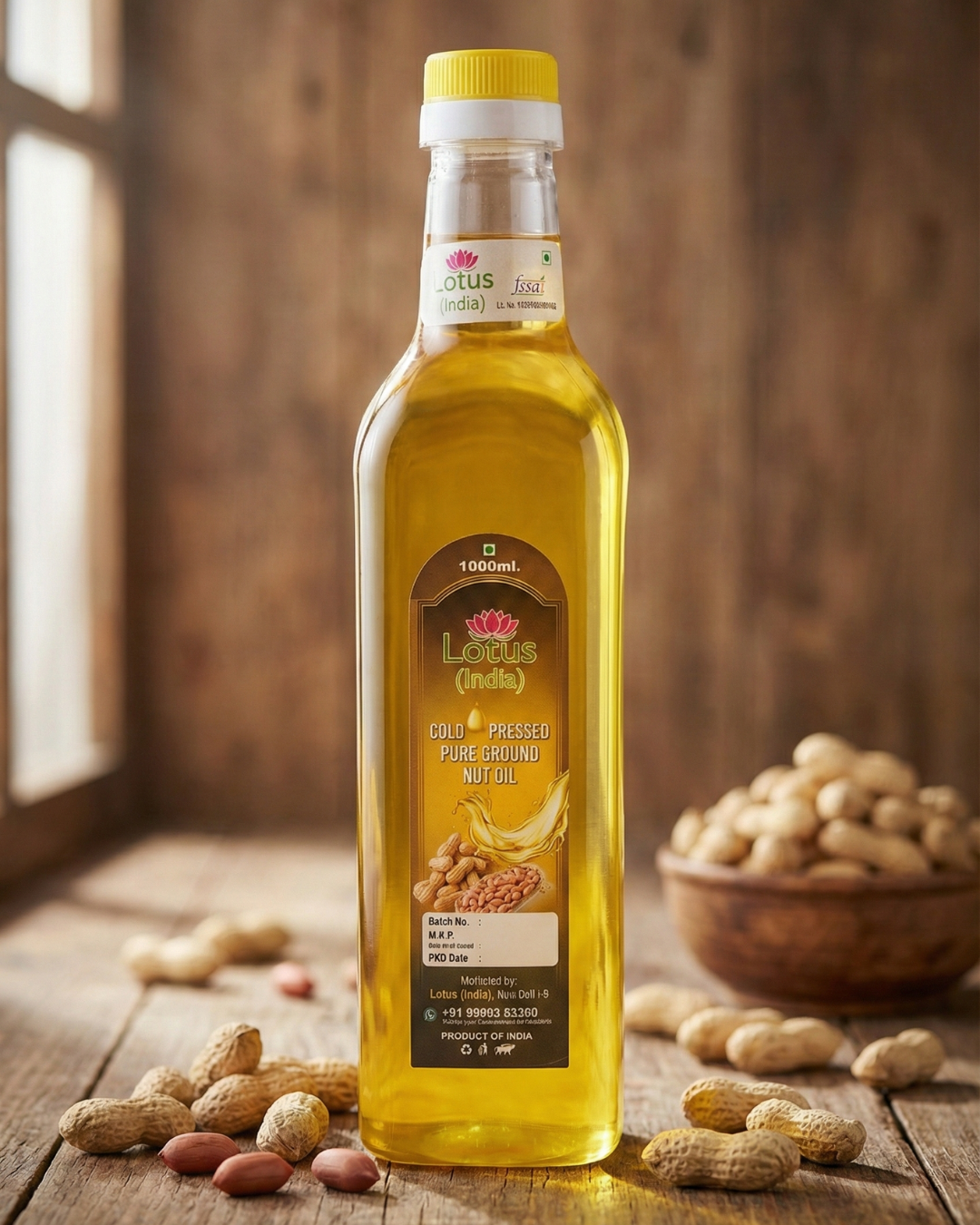 Lotus (India) 100% Pure Cold Pressed Groundnut Oil | Unrefined & Chemical Free | Rich in MUFA & Vitamin E | Ideal for Daily Cooking | 1000ml