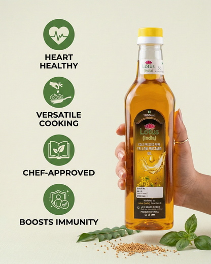 Lotus (India) 100% Pure Cold Pressed Yellow Mustard Oil | Unrefined & Chemical Free | Kachi Ghani Mustard Oil | Rich Aroma | Ideal for Cooking & Pickles | 1000ml