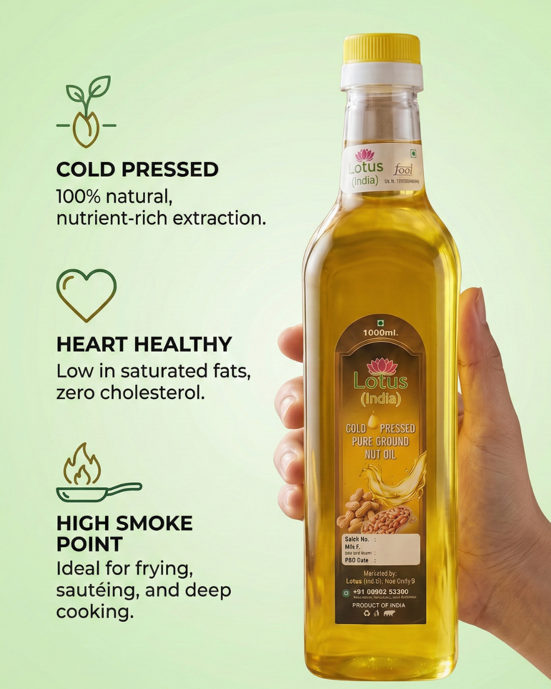 Lotus (India) 100% Pure Cold Pressed Groundnut Oil | Unrefined & Chemical Free | Rich in MUFA & Vitamin E | Ideal for Daily Cooking | 1000ml