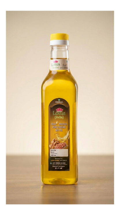 Bottle of olive oil with a visible label on a beige background