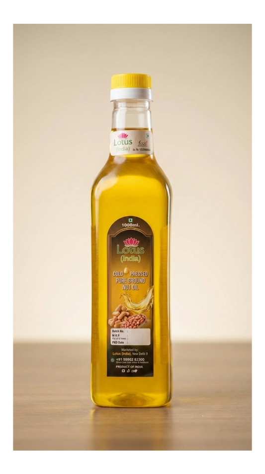 Bottle of olive oil with a visible label on a beige background